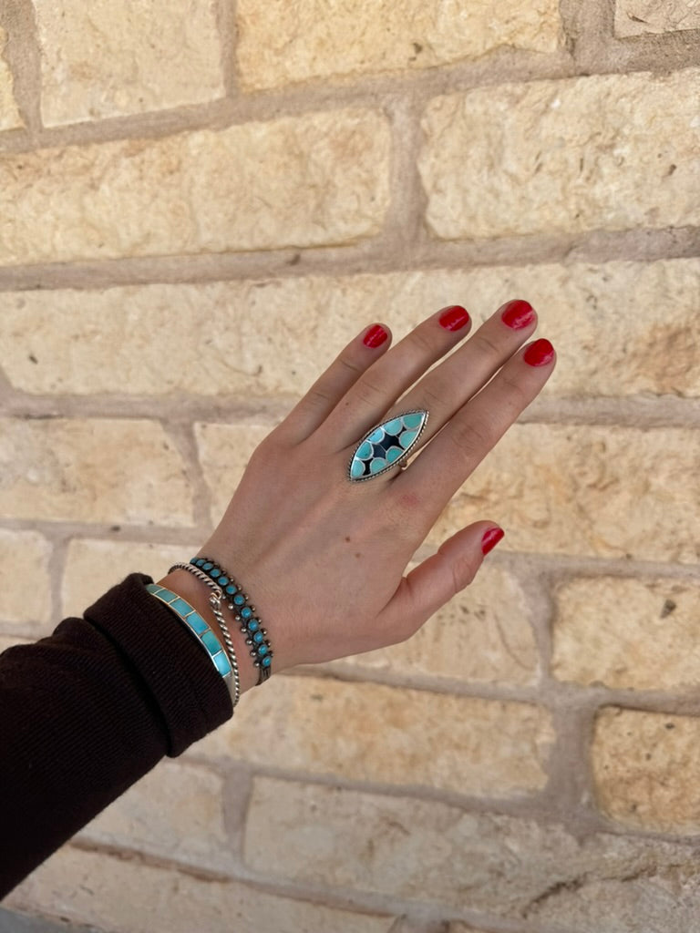 Size 8.5 Vintage Turquoise & Onyx Inlay Ring