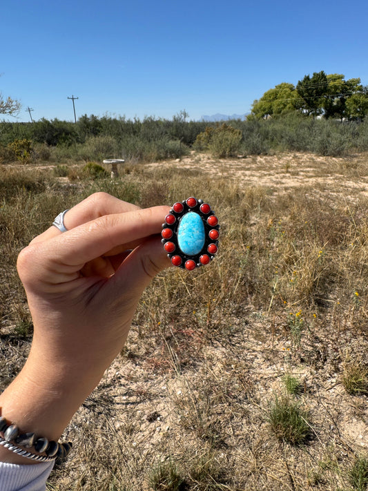 Turquoise and Coral Cluster Ring