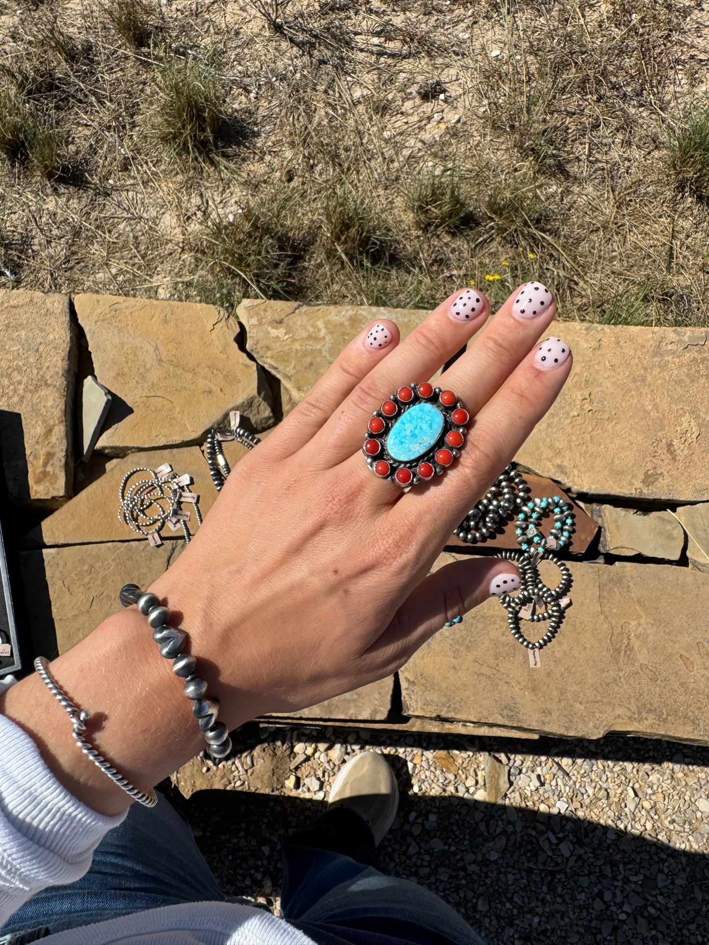Turquoise and Coral Cluster Ring