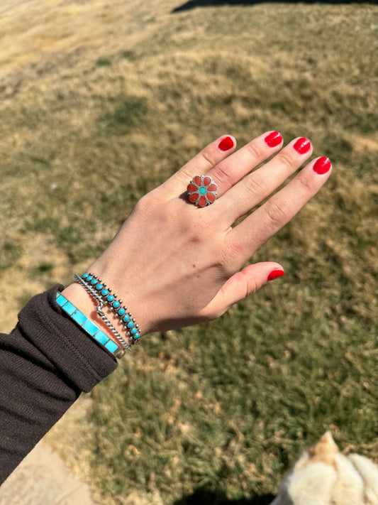Adjustable Inlay Coral & Turquoise Ring