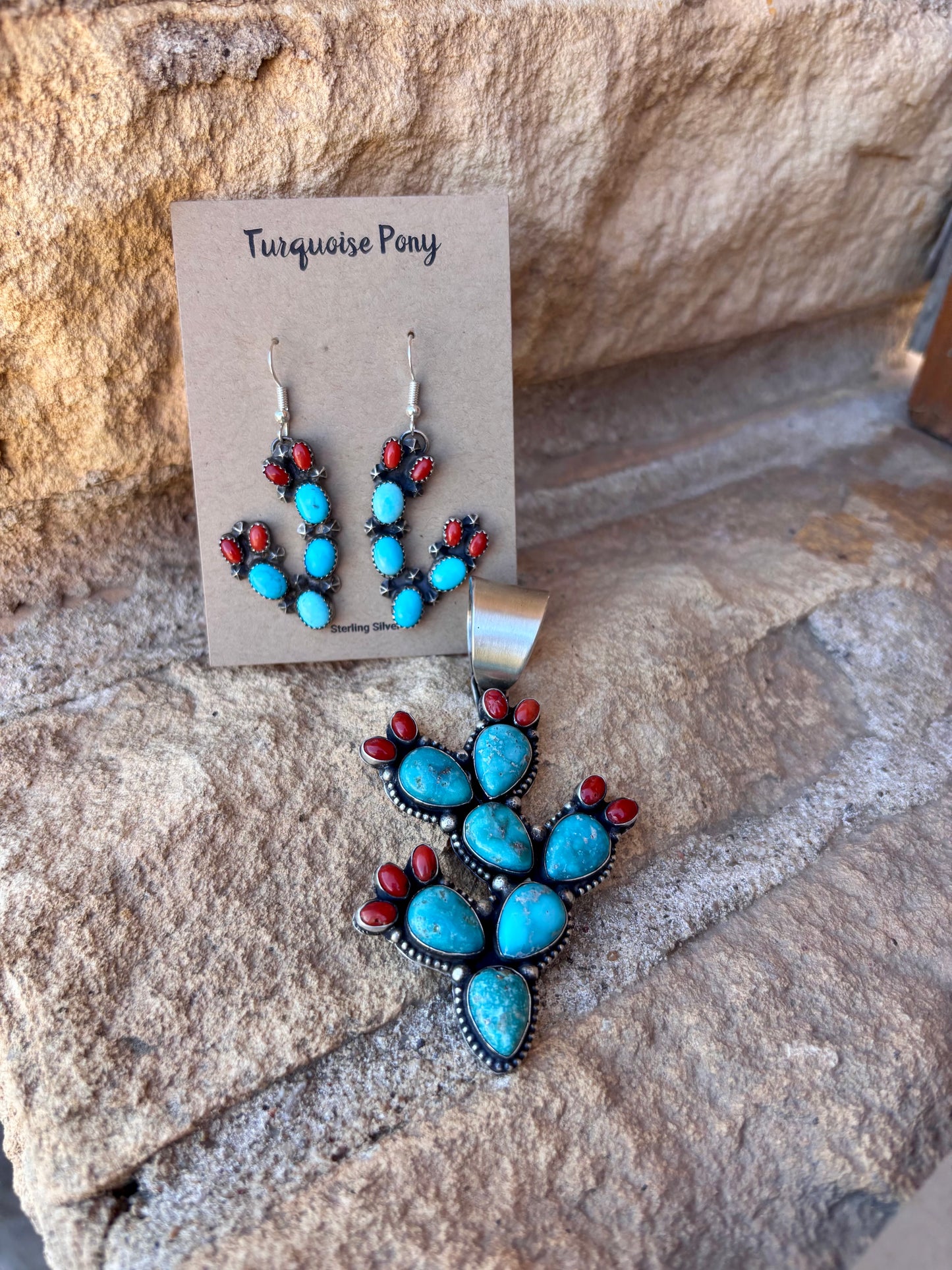 Turquoise & Coral Cactus Pendant