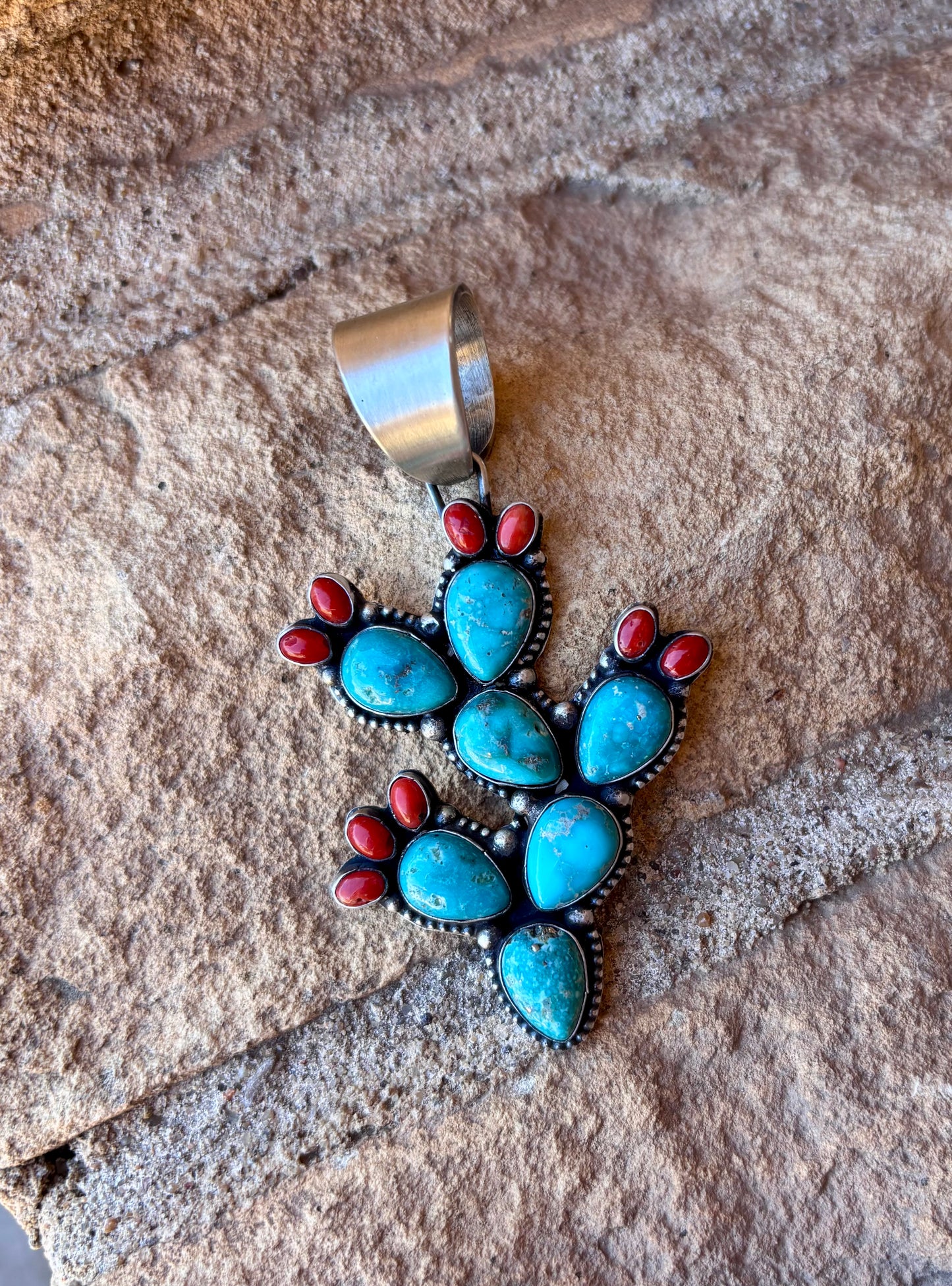 Turquoise & Coral Cactus Pendant